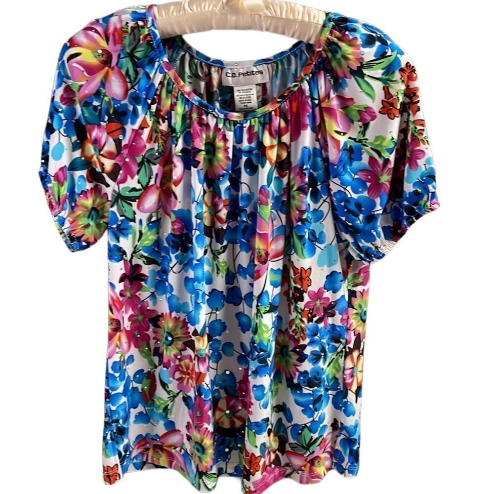 C.D. Petites Ladies Scoop Neck Sequins Blouse, Petite Small ,Multicolor Floral